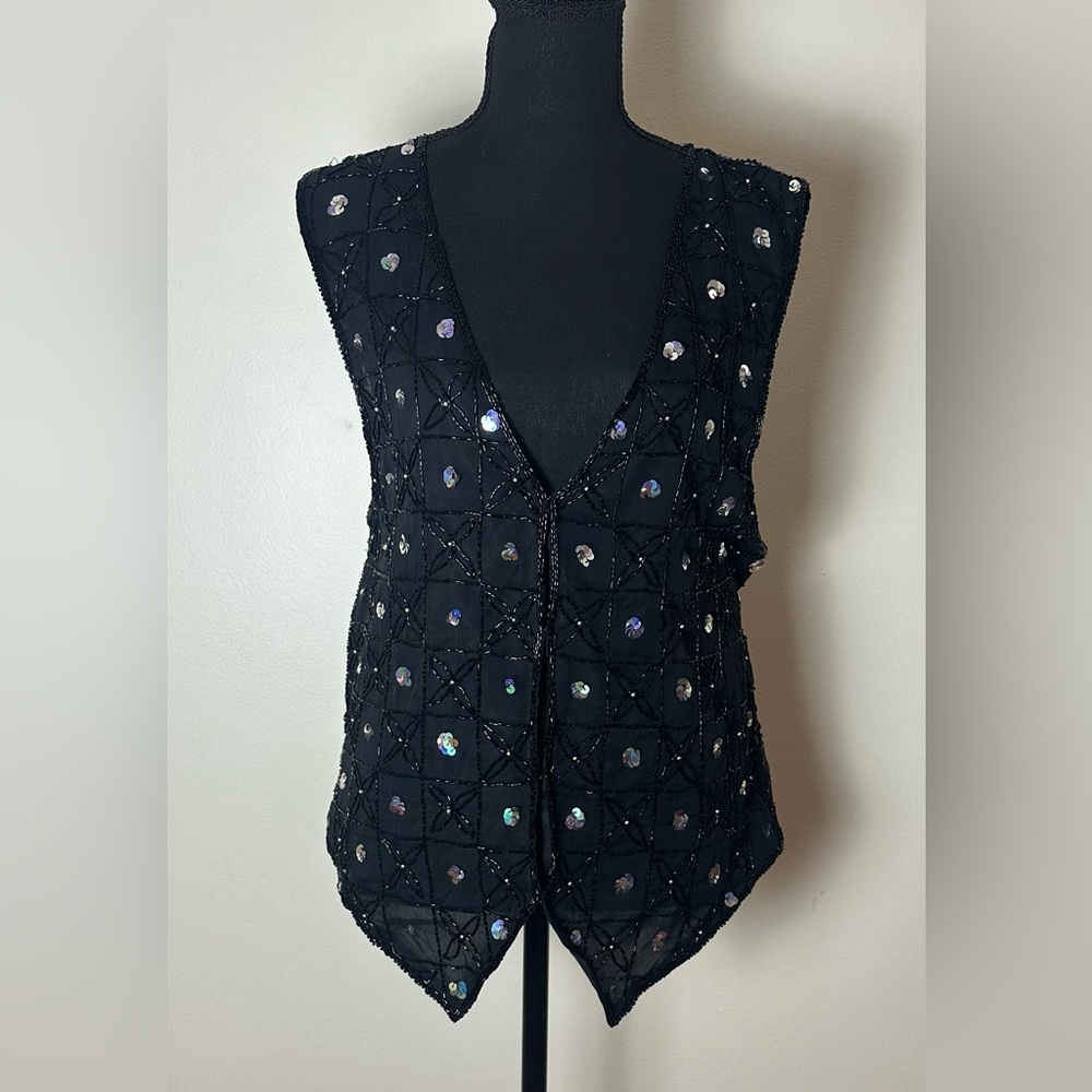 Black Beaded Sequin V-Neck Women's vest
